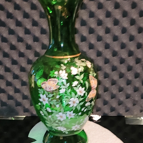 VINTAGE NORLEANS ITALIAN MADE FLORAL/BUTTERFLIES HANDPAINTED GREEN VASE 16" Tall - Picture 5 of 7